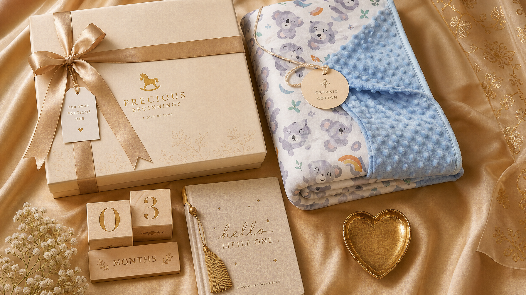 Luxurious premium baby gift flat lay with organic cotton blanket, wrapped keepsake kit and milestone blocks — UAE and Saudi Arabia baby gifts