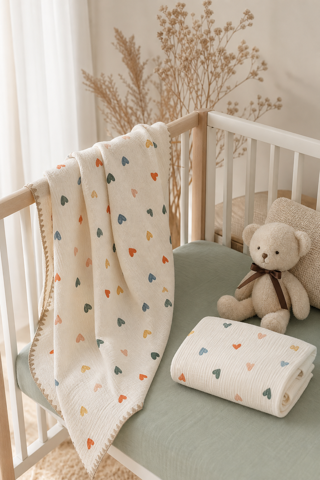 Organic cotton baby blanket and muslin swaddle in a soft, minimal nursery setting — GOTS certified bedding for newborns
