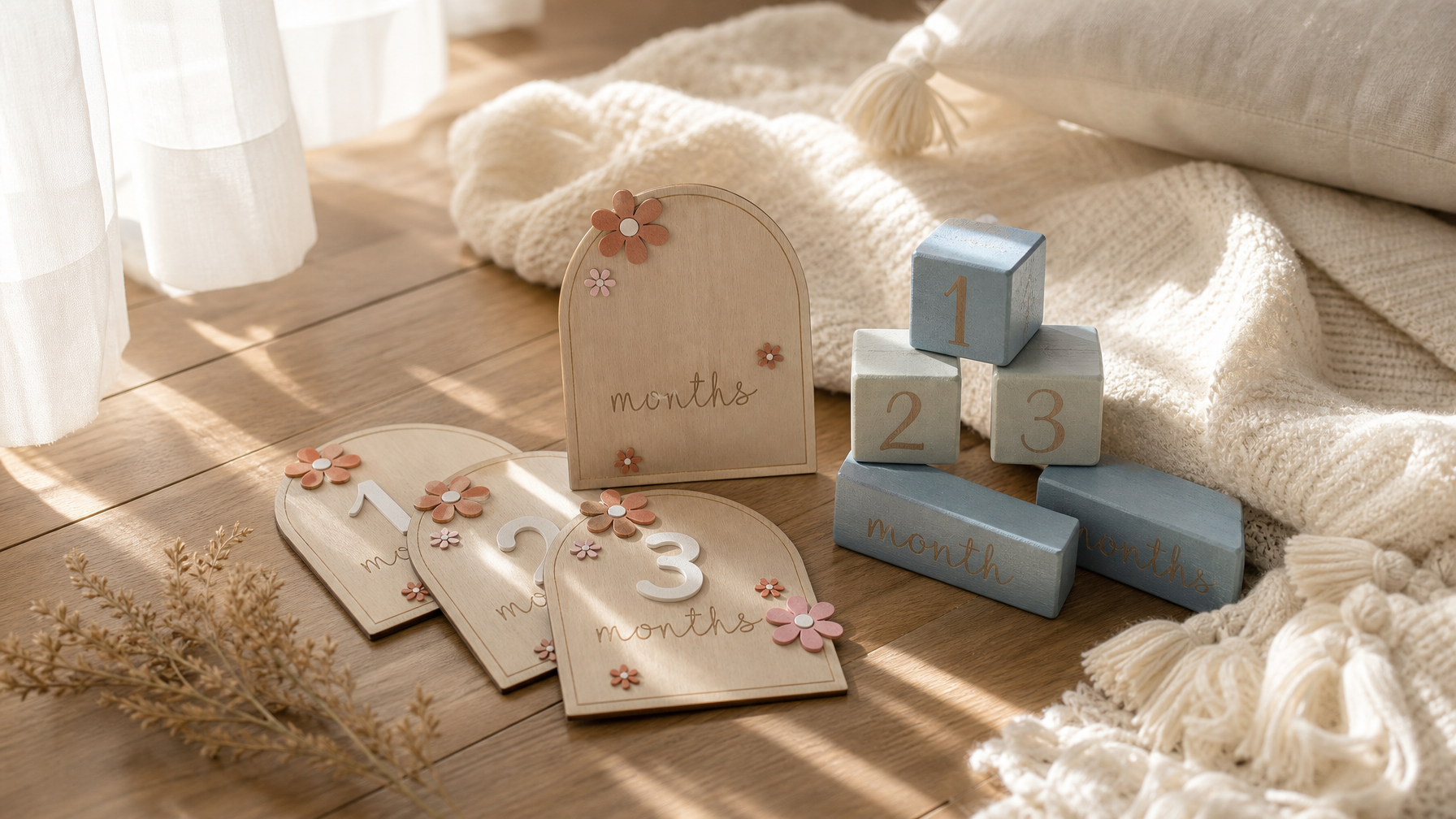 Wooden baby milestone blocks and cards styled as photography props in soft natural light