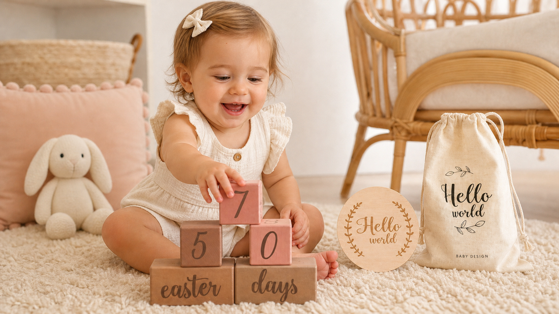 Happy toddler sitting on nursery rug surrounded by wooden milestone blocks and photo props — toddler milestone photography guide