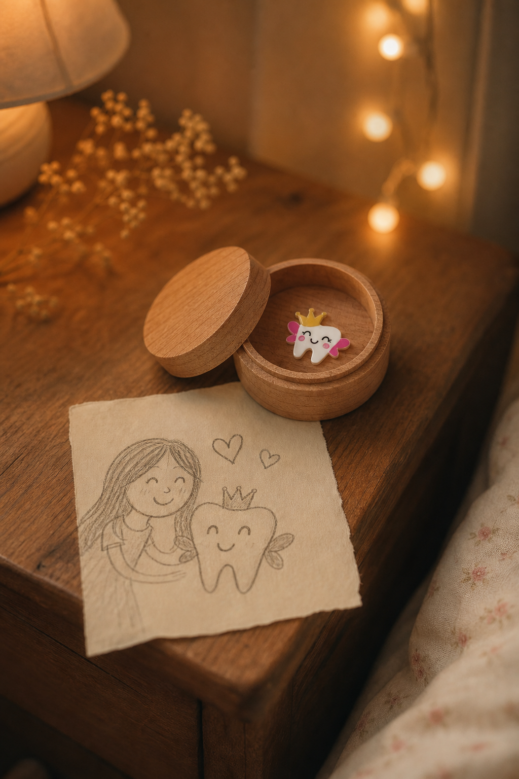 A warm childhood memory scene with a small engraved wooden box beside a handwritten note, soft golden fairy lights in the background