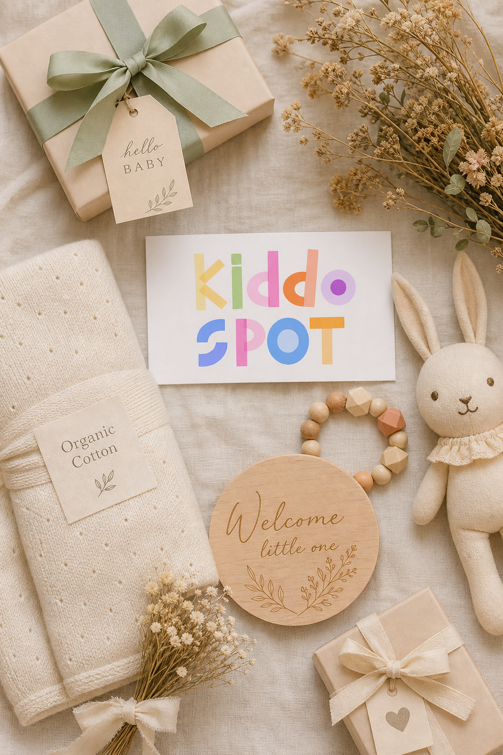 Beautifully wrapped baby shower gifts with organic cotton blanket and wooden keepsake on linen