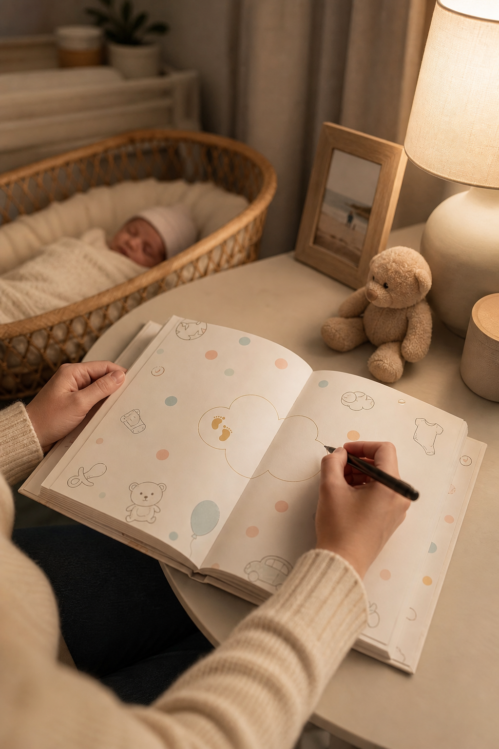 Parent writing in an open baby memory book beside a sleeping newborn