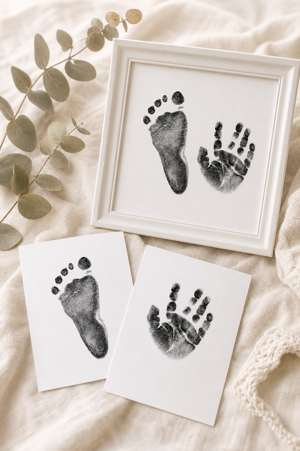 White inkless handprint and footprint cards arranged on soft linen fabric beside dried eucalyptus stems and a small framed display