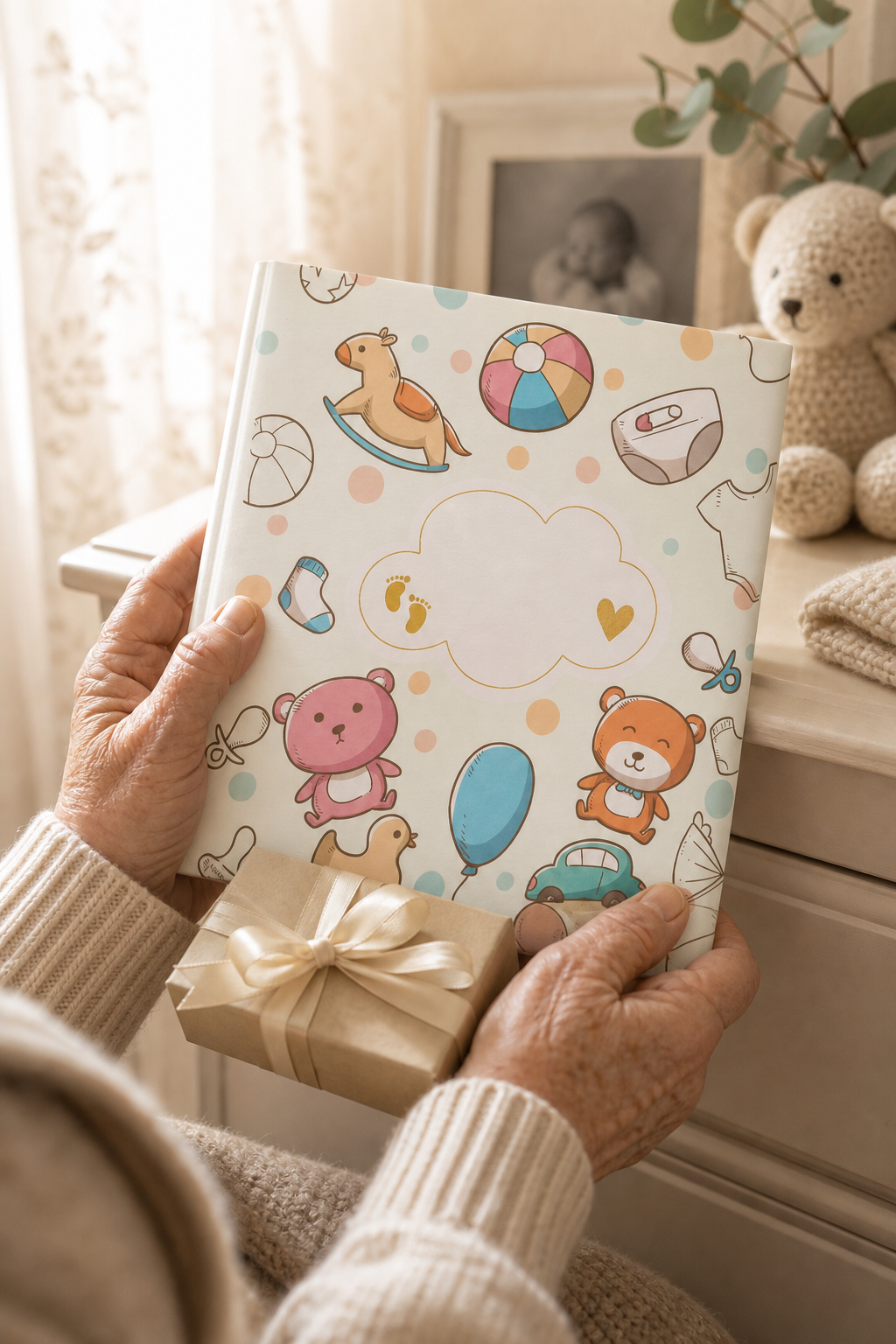 Grandparent hands holding a baby memory book on a nursery dresser