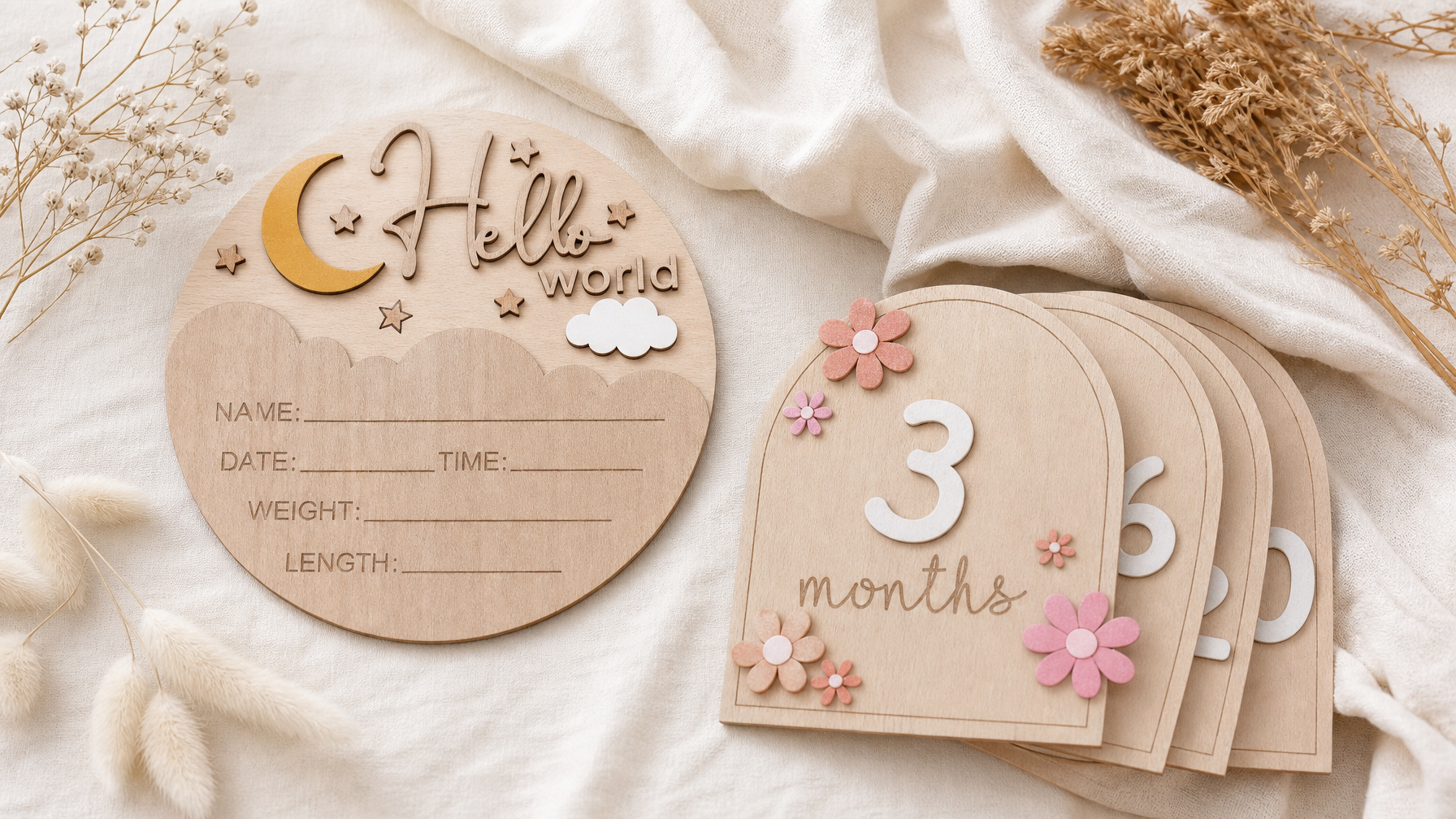 Wooden baby announcement sign and milestone cards styled for newborn photo props