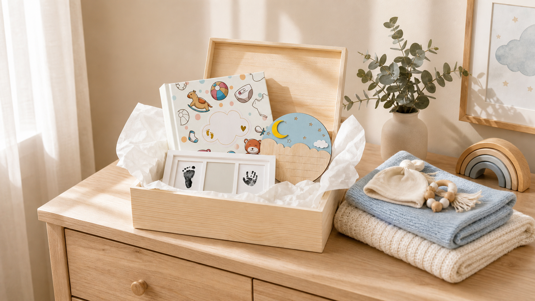 Last-minute Father's Day gift ideas for new dads in Australia arranged in a calm nursery setting