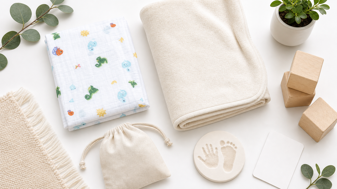 Flat lay of GOTS organic cotton baby blanket, muslin swaddle, wooden milestone blocks and inkless keepsake kit — best organic baby buys for EOFY Australia 2026