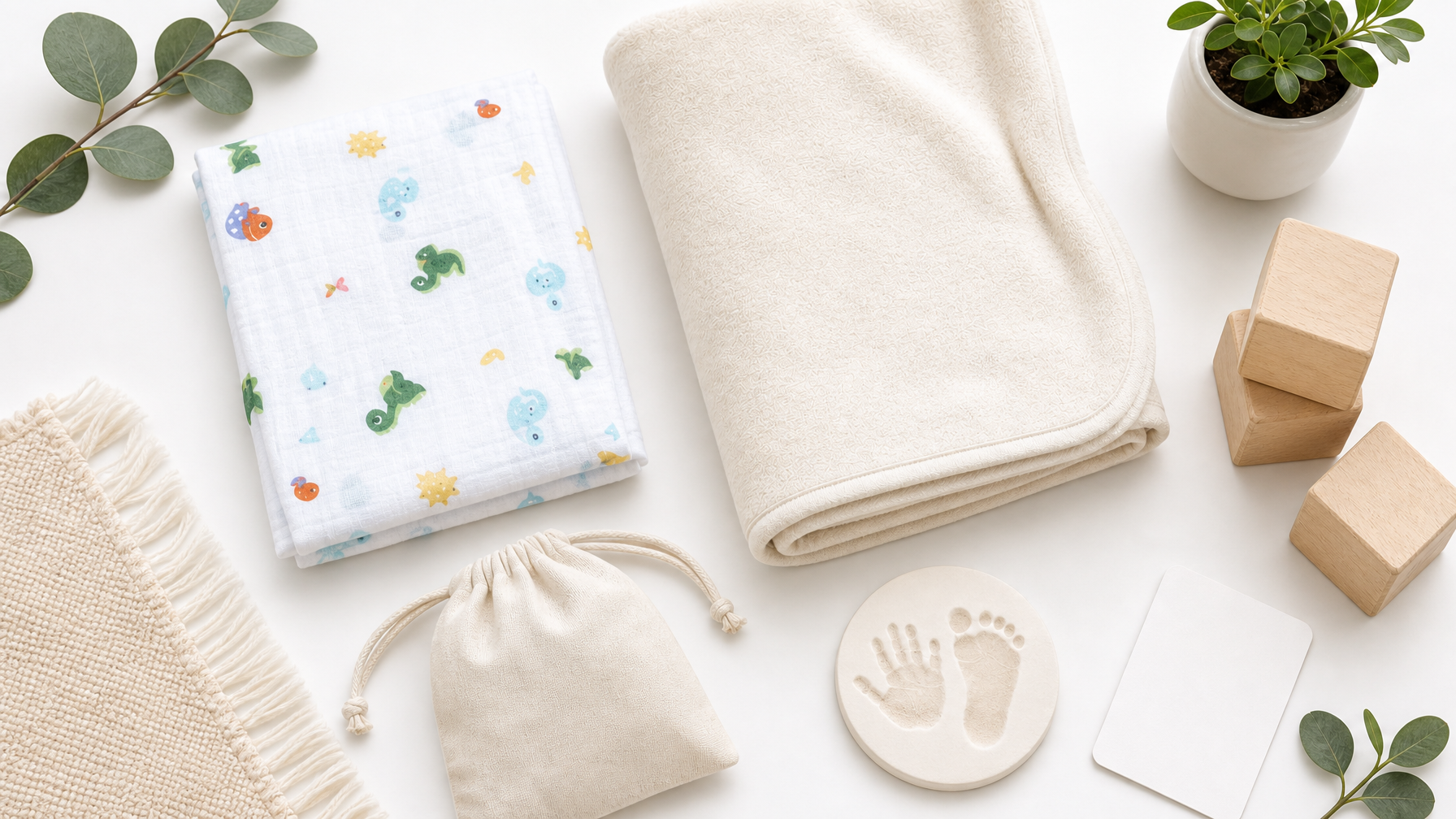 Flat lay of GOTS organic cotton baby blanket, muslin swaddle, wooden milestone blocks and inkless keepsake kit — best organic baby buys for EOFY Australia 2026