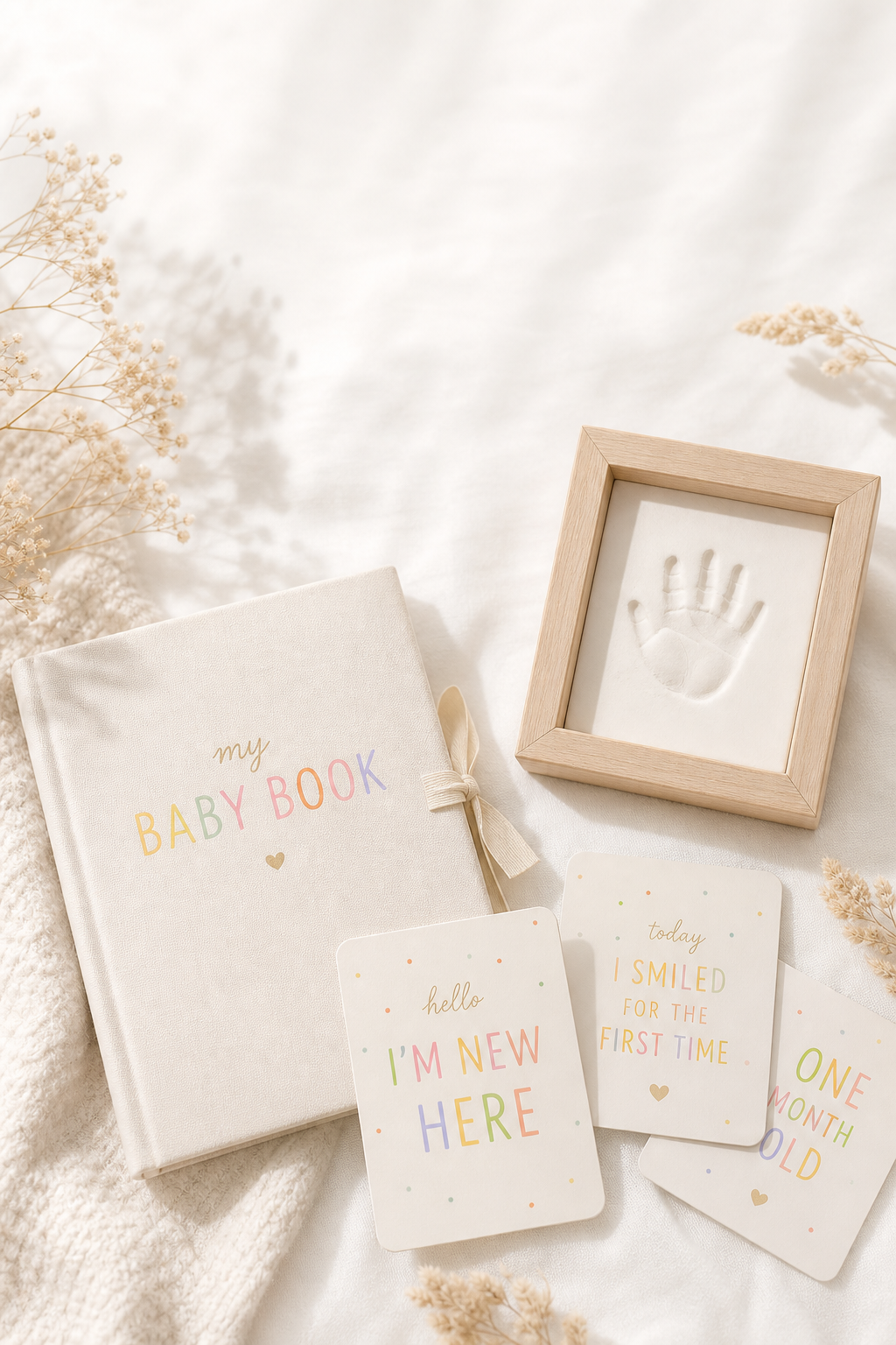 Baby memory keepsakes flat lay — memory book, handprint frame, and milestone cards — Kiddospot