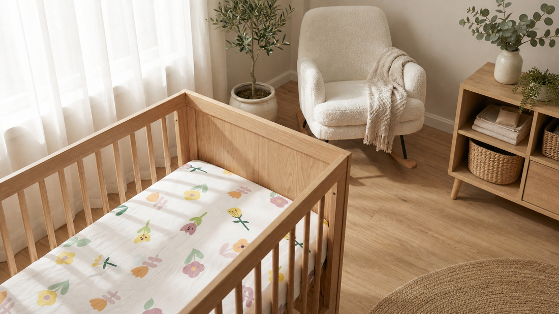 Sunlit spring nursery with wooden crib and light floral bedding