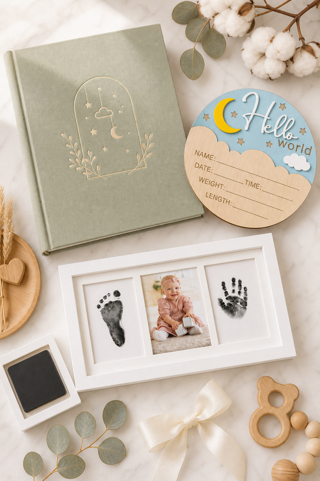 Baby shower gift flat lay — wooden Hello World sign, baby memory book and newborn inkless kit styled with eucalyptus and cotton stems