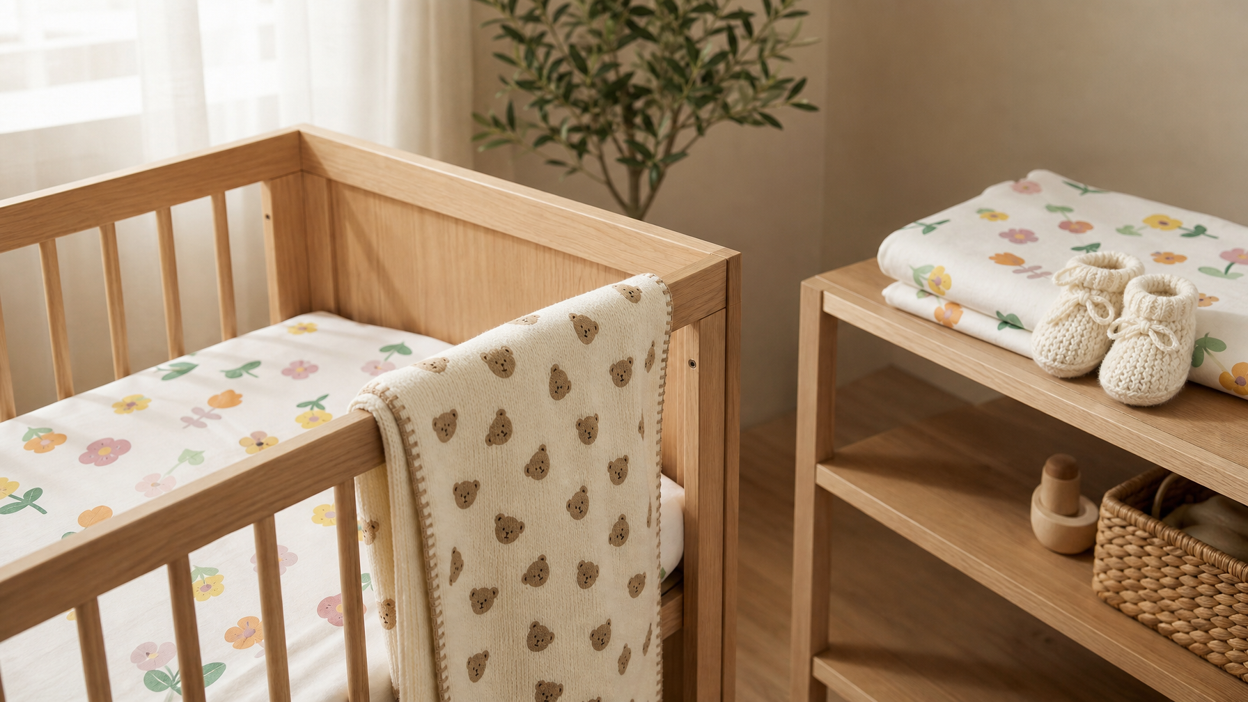 Organic baby nursery textiles including knitted blanket and fitted crib sheet in soft natural light