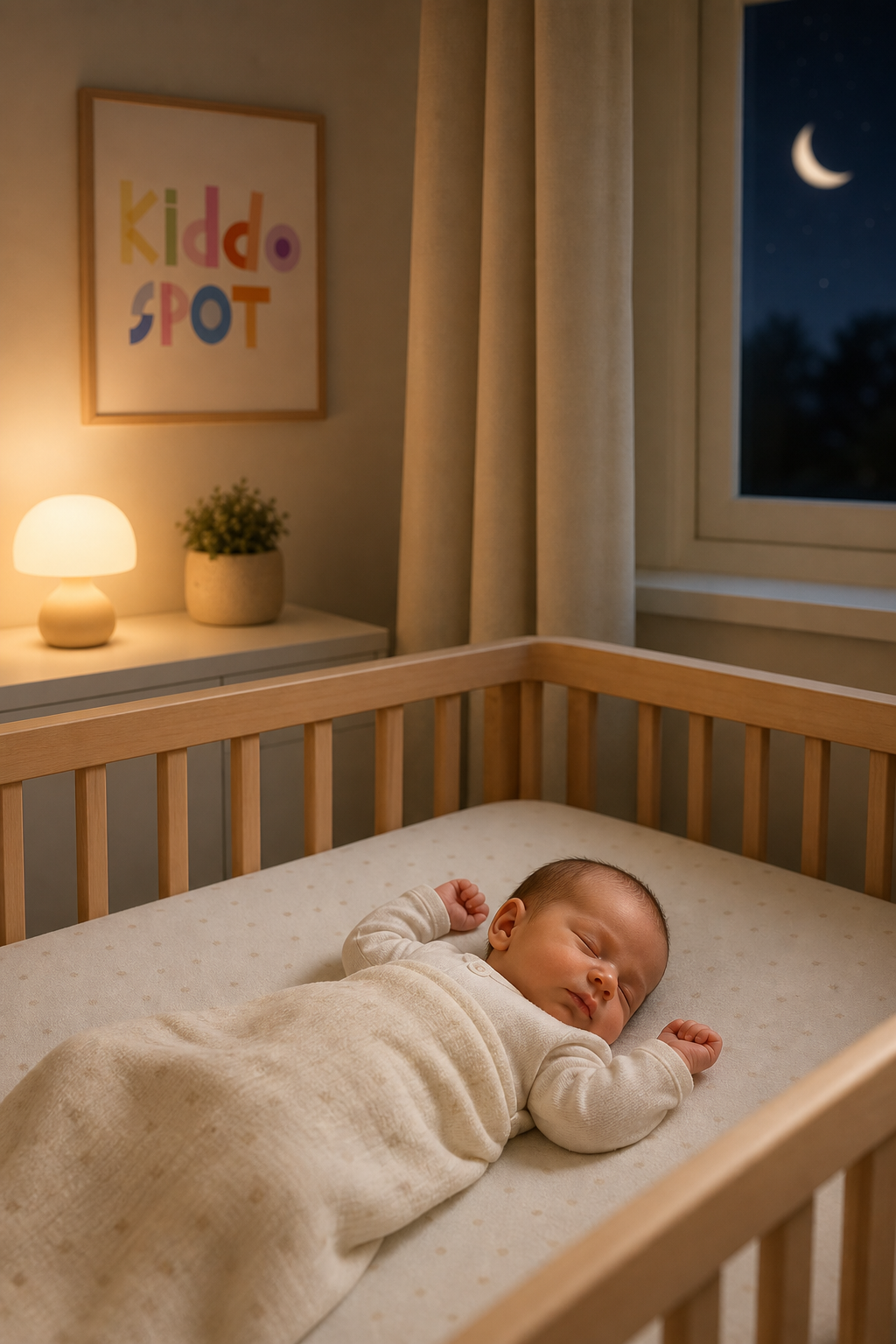 Peaceful newborn sleeping safely in a minimal cot with organic cotton fitted sheet