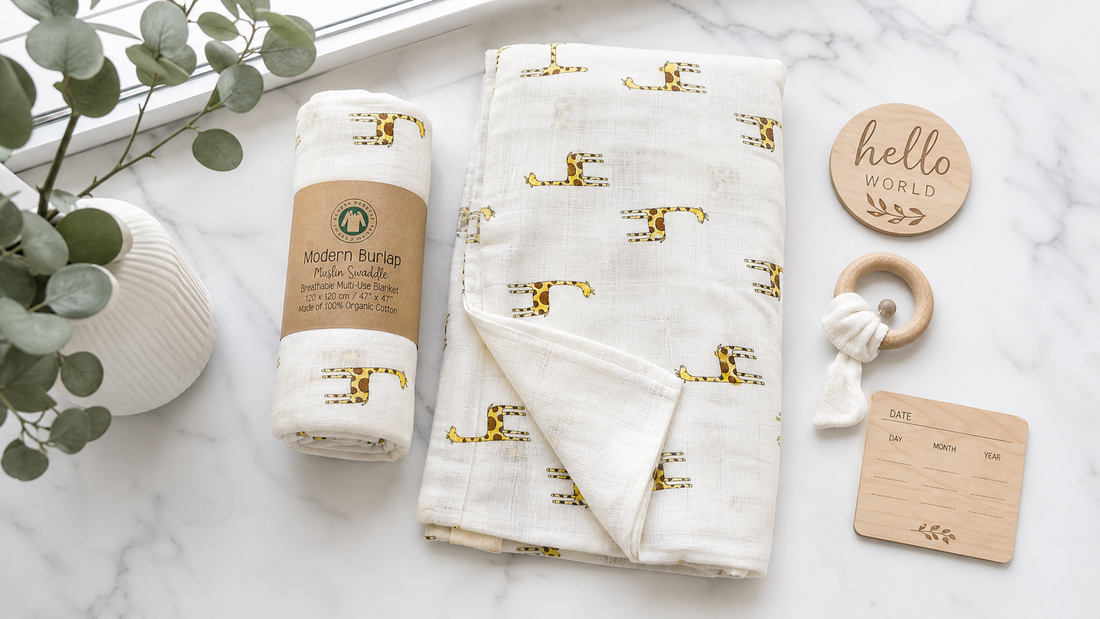 Minimalist nursery flat lay with organic cotton swaddle, baby blanket and wooden keepsakes on marble surface — Hong Kong organic baby essentials