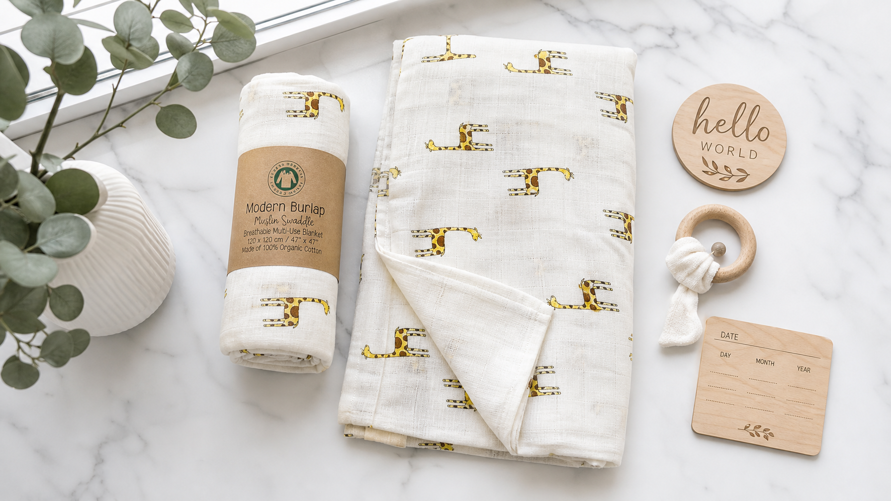 Minimalist nursery flat lay with organic cotton swaddle, baby blanket and wooden keepsakes on marble surface — Hong Kong organic baby essentials