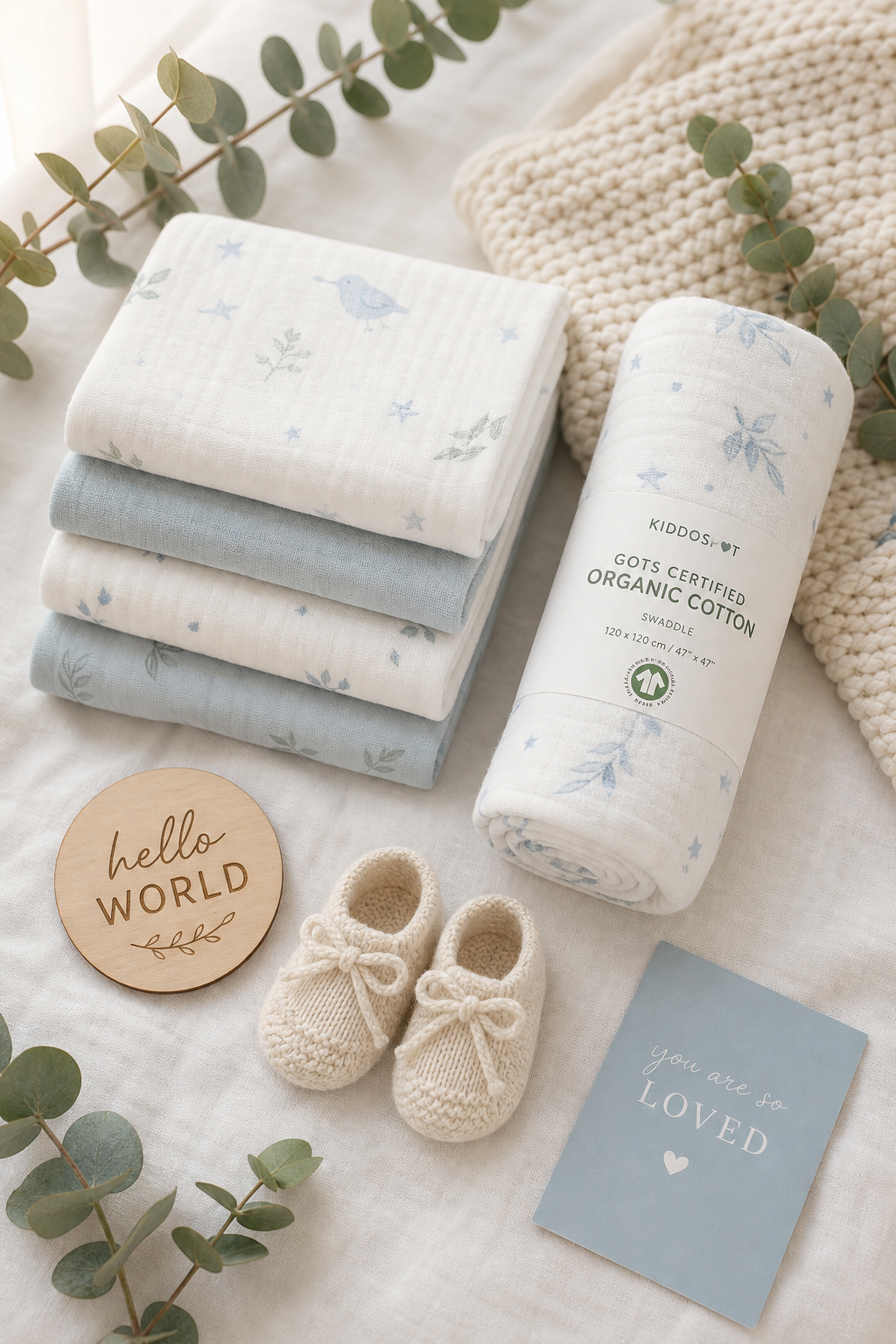 GOTS certified organic baby products flat lay — muslin wraps, knitted blanket and swaddle