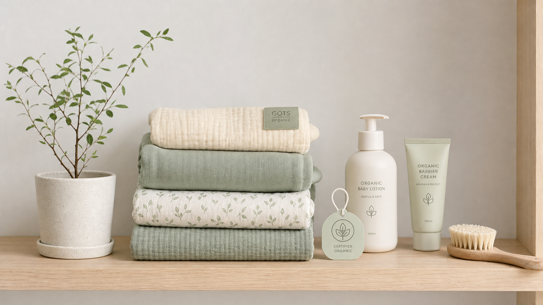 Korean minimalist nursery with organic cotton baby blanket and muslin swaddle on light oak shelf — South Korea organic baby essentials
