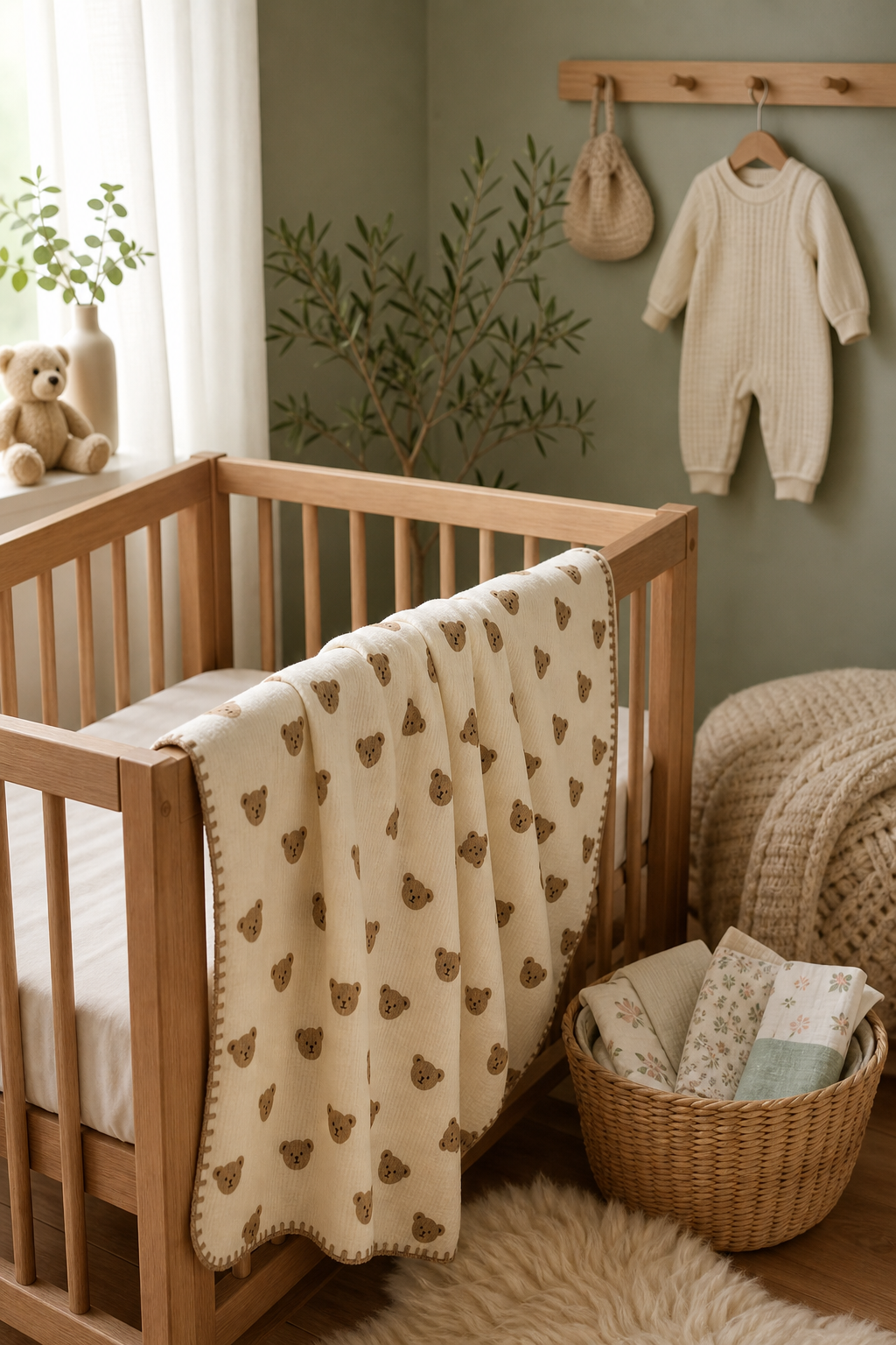 A cosy winter nursery with an organic knitted baby blanket draped over a wooden cot, soft warm lighting
