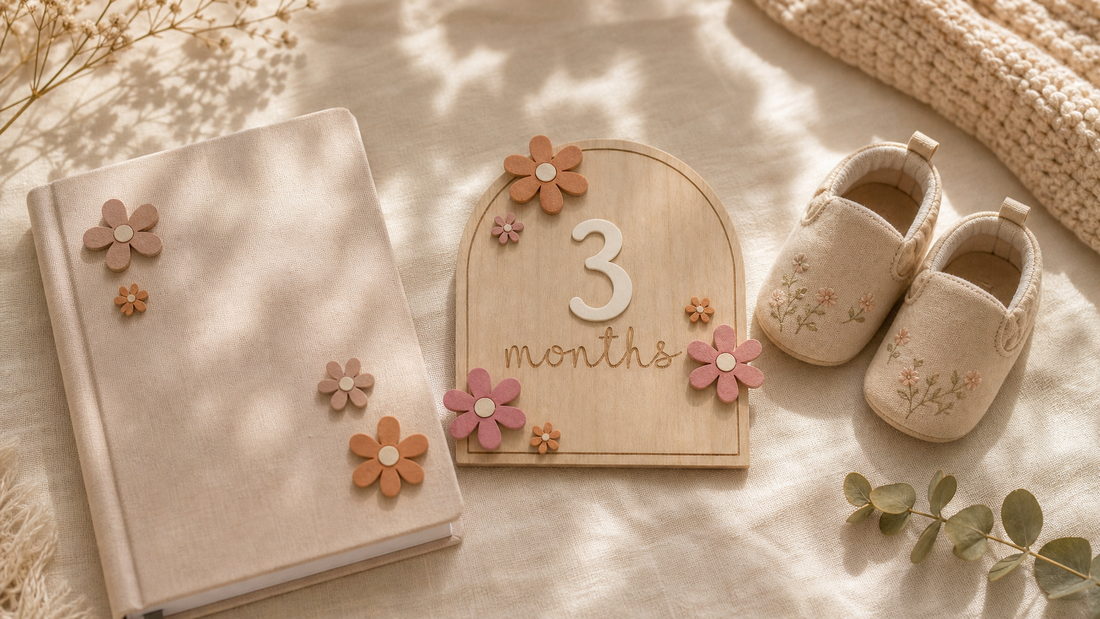 Baby memory journal and wooden milestone disc on a soft cream linen surface with dappled morning light