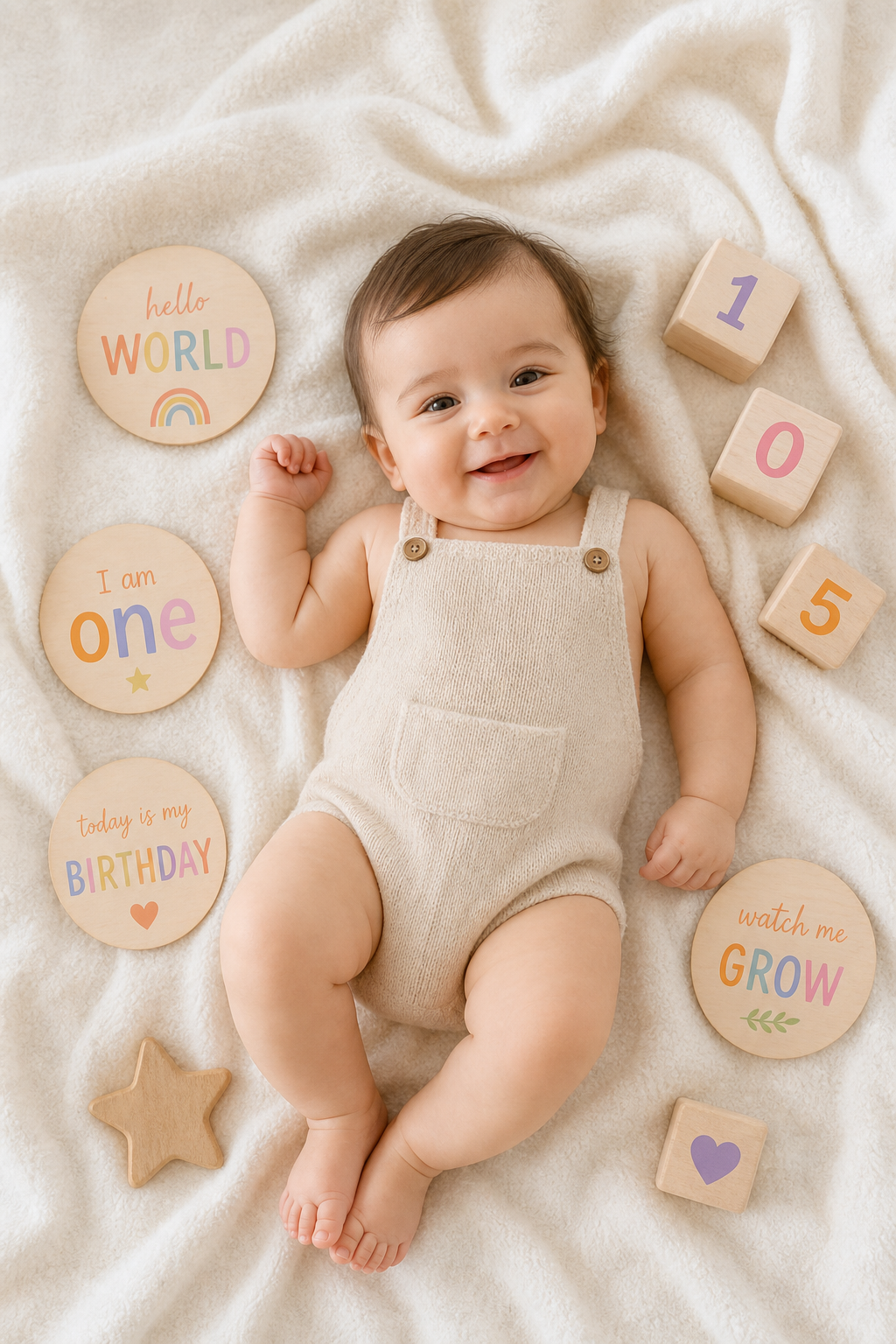 Baby surrounded by wooden milestone cards and number blocks for first year photo milestone