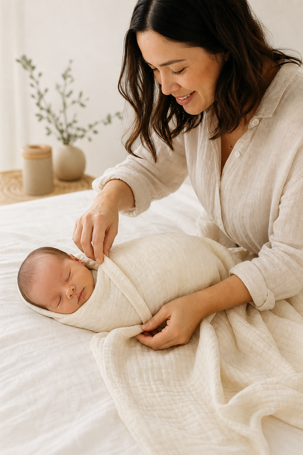 Parent gently swaddling a newborn baby in a soft organic muslin wrap