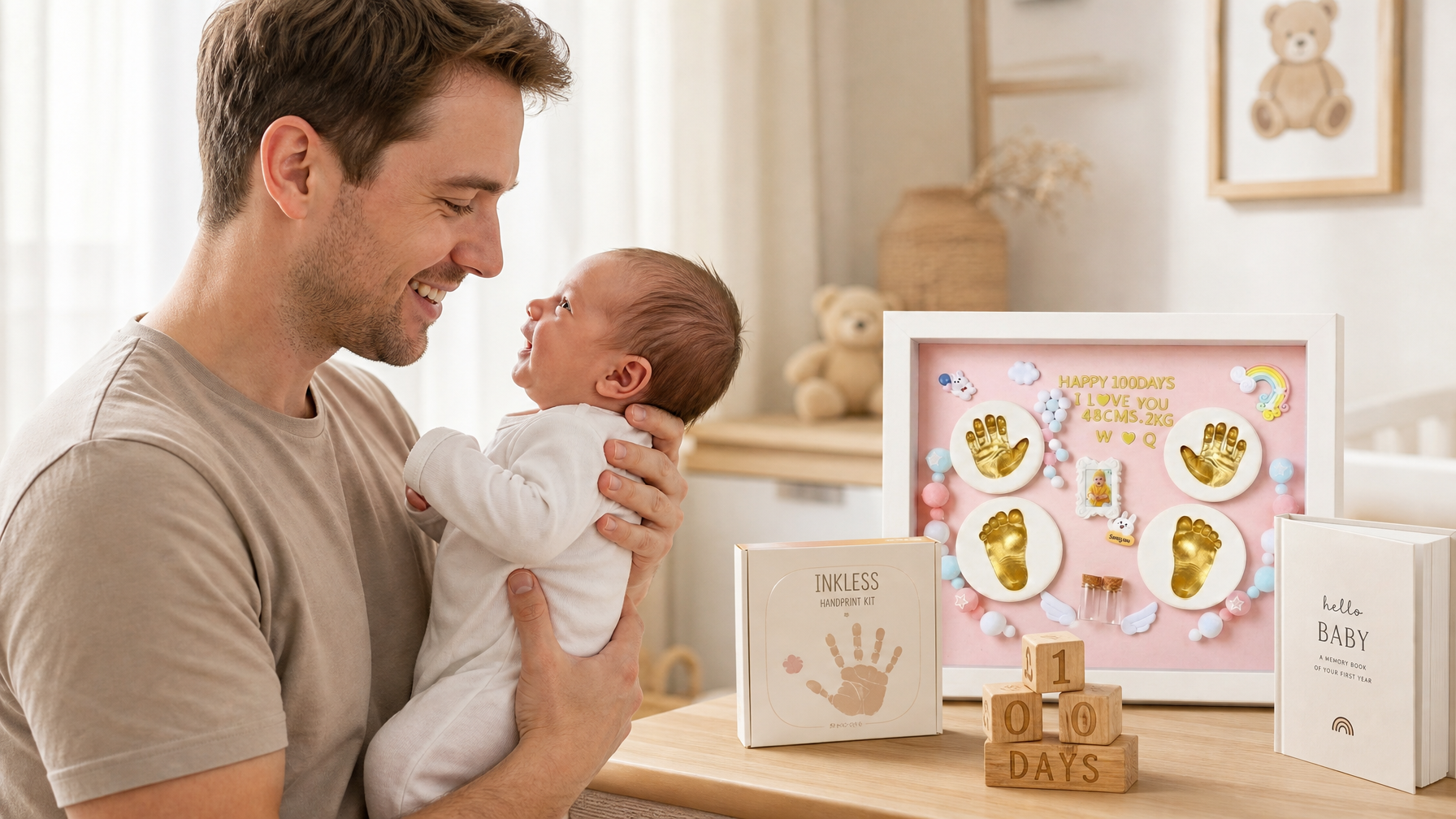 Smiling dad holding newborn baby with wooden milestone blocks, inkless handprint kit and memory book on nursery surface