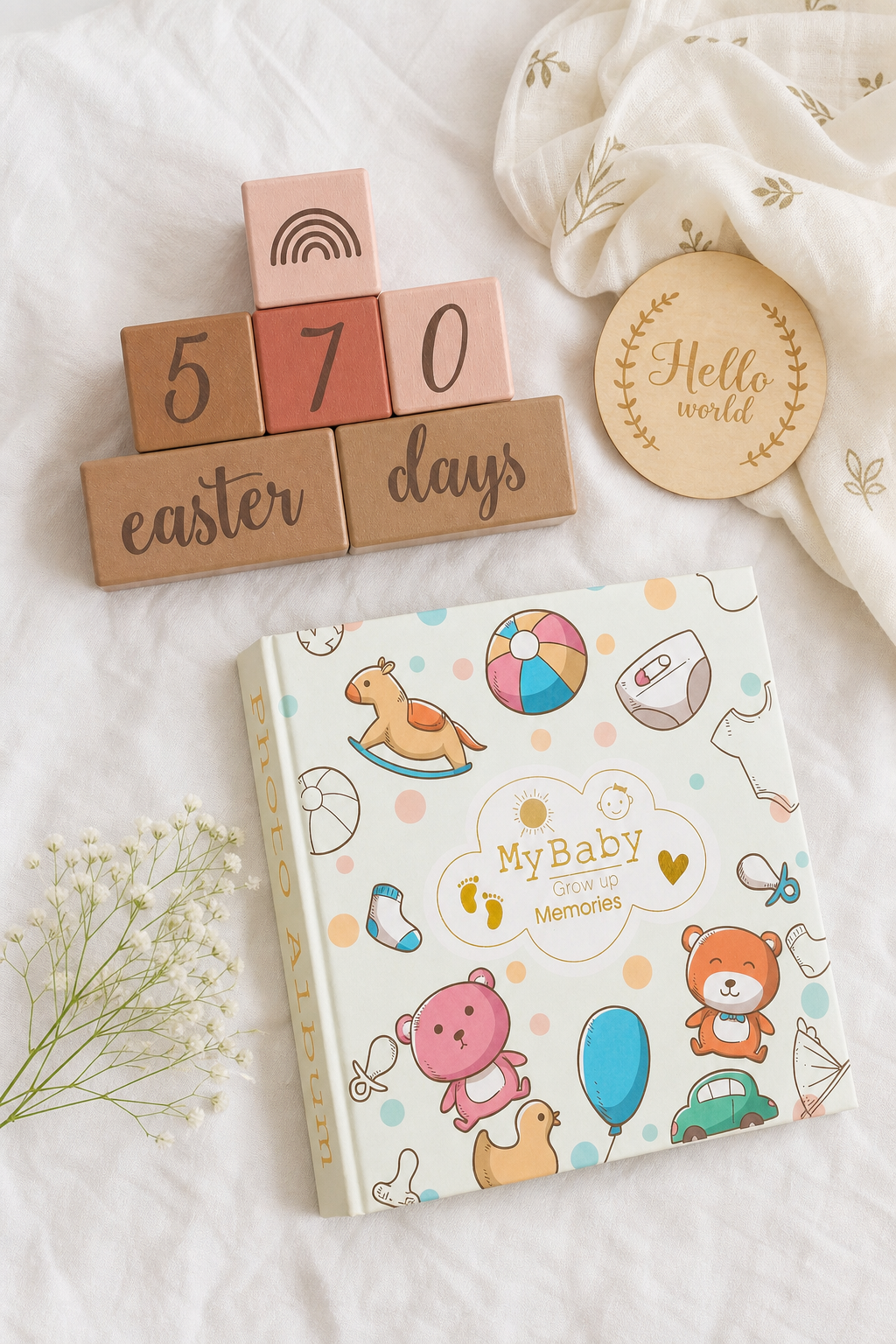 Baby milestone items flat lay — wooden blocks, milestone blanket, and baby memory book