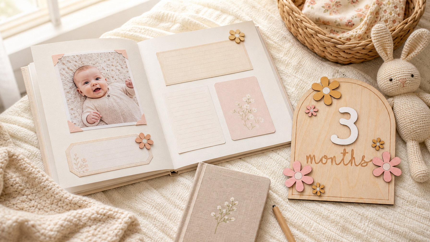 Open baby memory book on a cream blanket alongside a wooden milestone disc and journal with soft morning window light