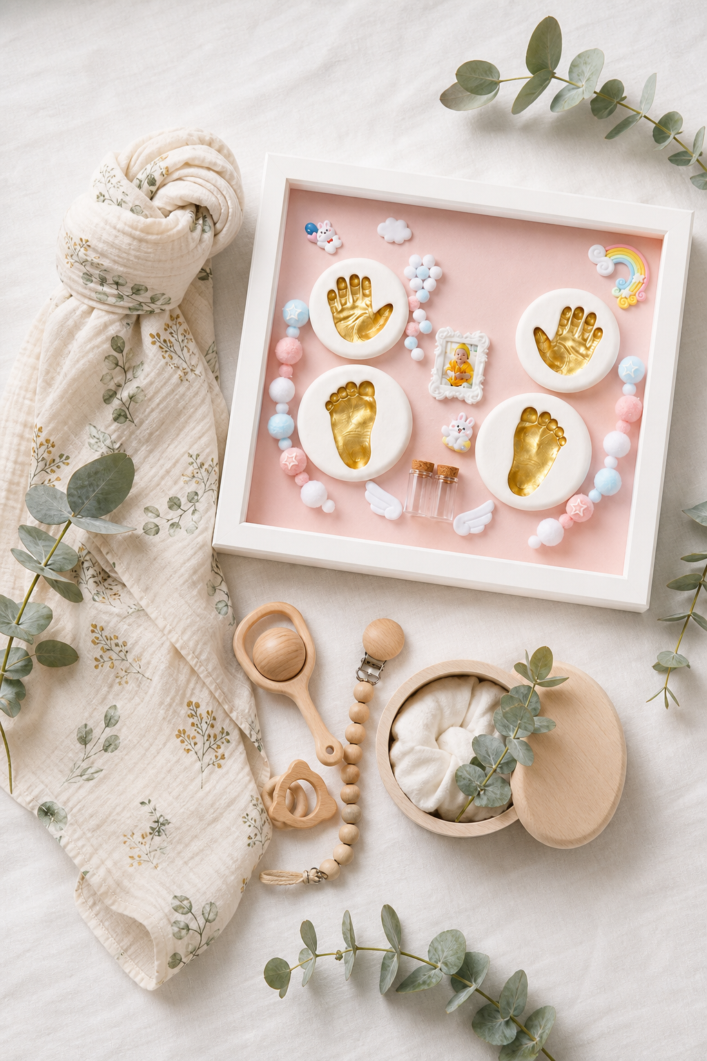Eco-friendly organic baby gift flatlay with muslin swaddle and wooden keepsake items on white linen