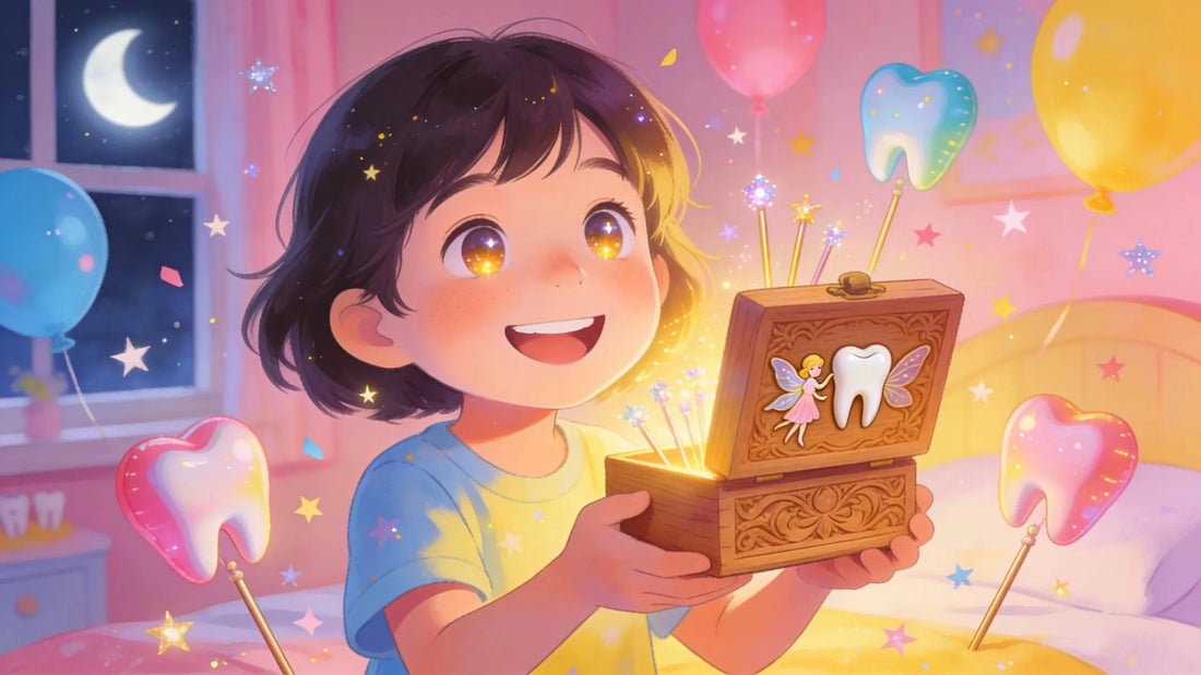 Child holding a wooden tooth fairy box with joyful expression amidst a charming tooth-themed setting