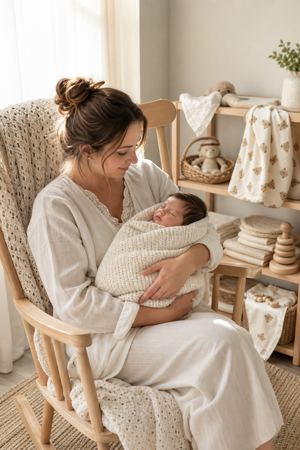 New mother holding baby in a sunlit organic nursery with knitted blanket