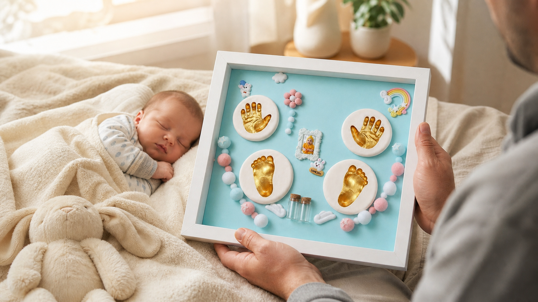 Parent holding a baby hand and footprint frame keepsake beside a sleeping newborn