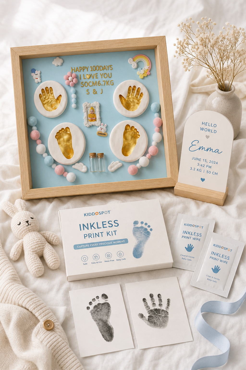 Baby handprint and footprint keepsake flat lay with inkless kit and wooden frame