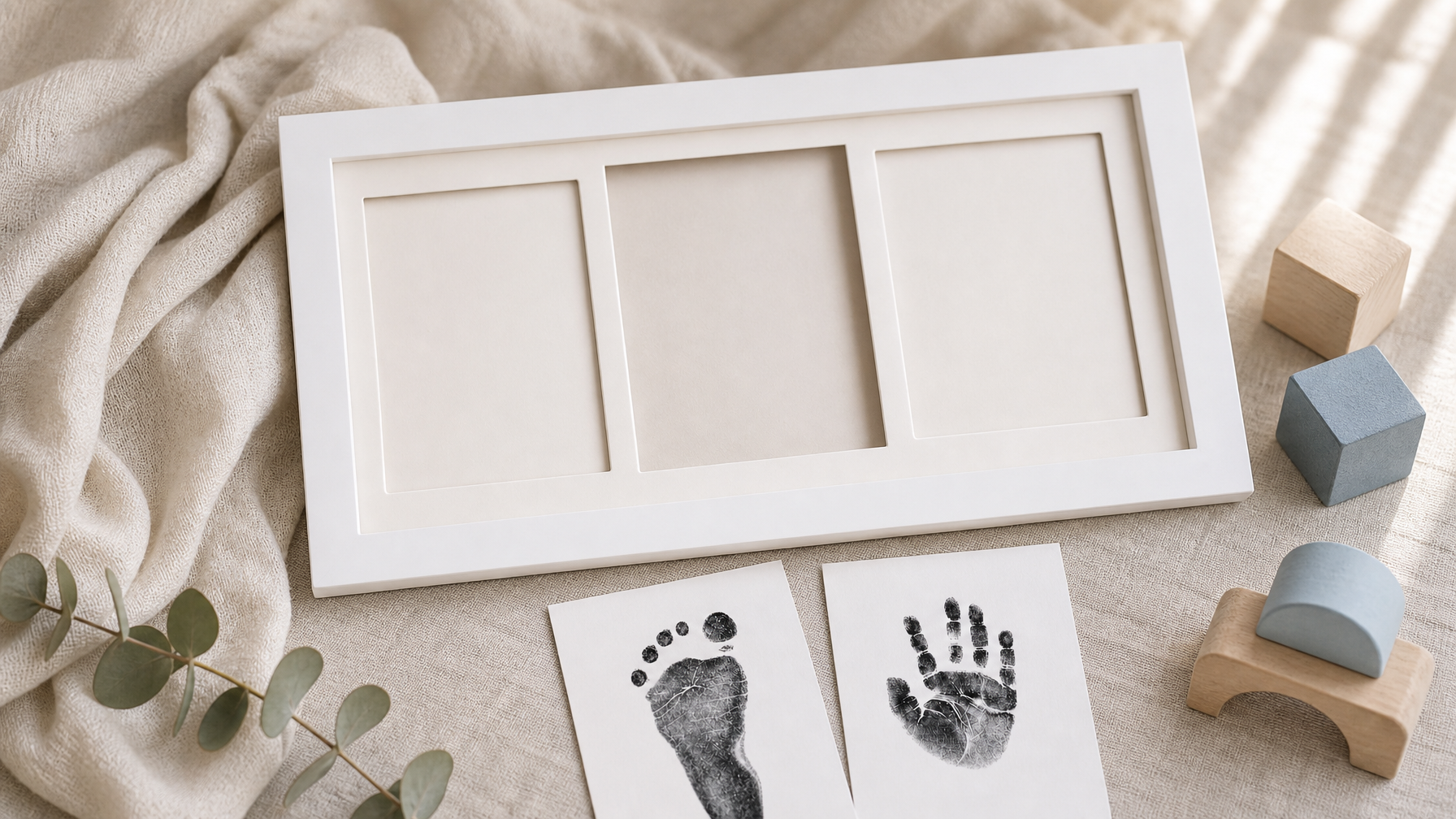 Nursery flat lay with blank print cards and a simple display frame for inkless baby footprint keepsakes