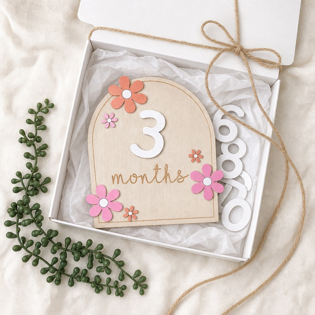 Kiddospot wooden baby milestone cards in gift box lifestyle