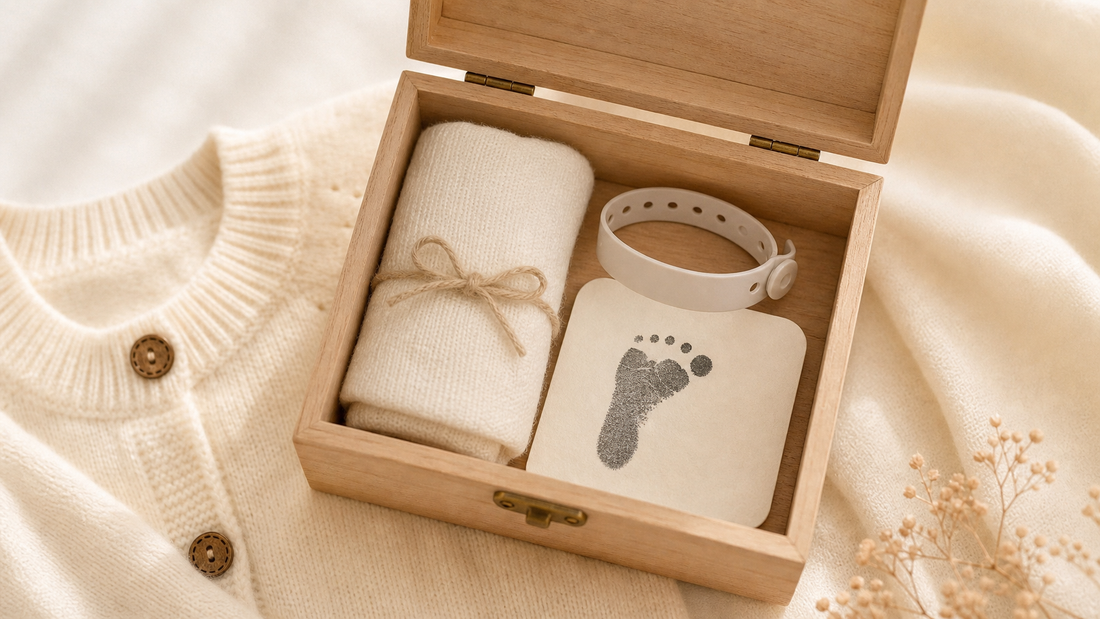 Open wooden keepsake box filled with a folded newborn wrap, tiny hospital bracelet, and inkless footprint card on a soft cream surface