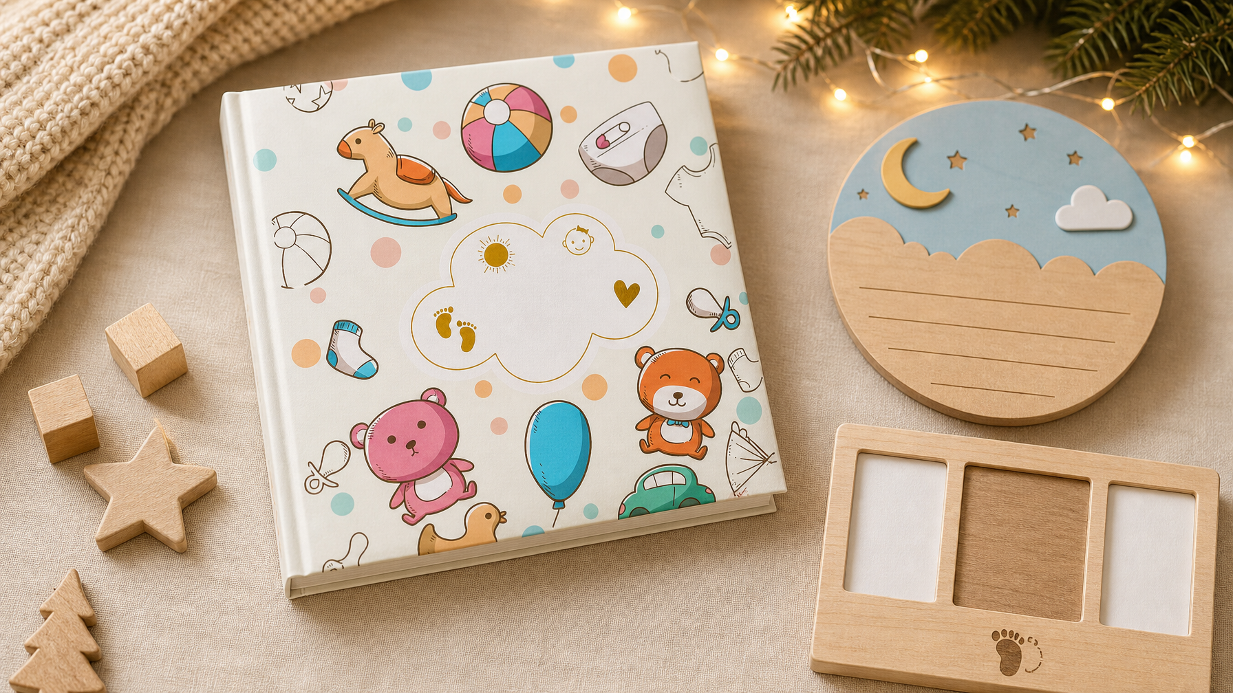Cosy flat lay of baby keepsake gifts for first Christmas planning