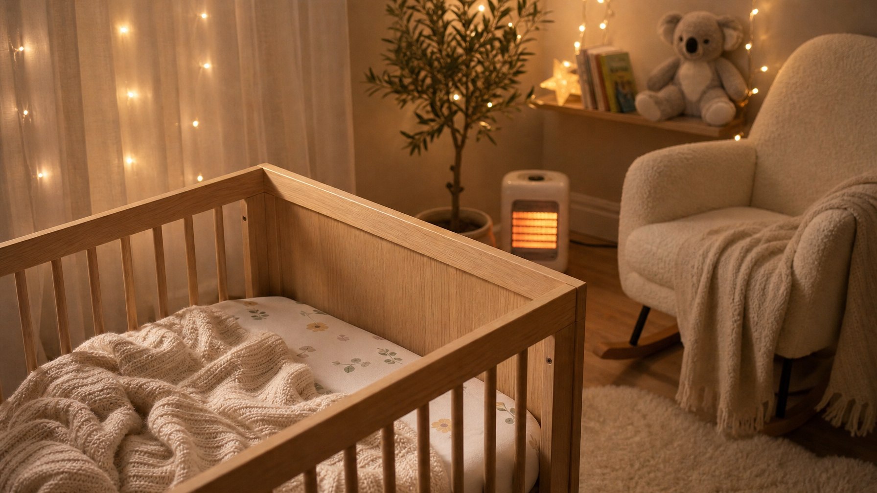 Cosy winter nursery with organic cotton blanket and fitted sheet on a white cot — safe, warm sleep space for newborns