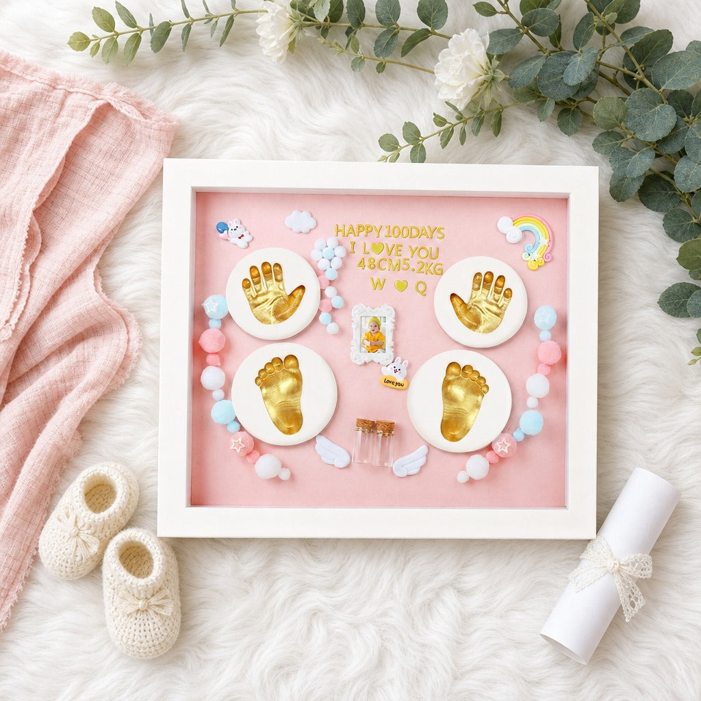 Kiddospot pink baby handprint and footprint frame kit flat lay