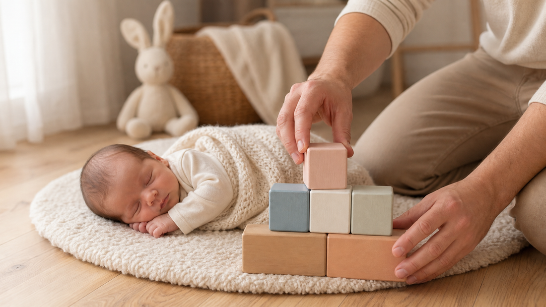 Dad arranging wooden baby milestone blocks beside a sleeping newborn in a soft nursery