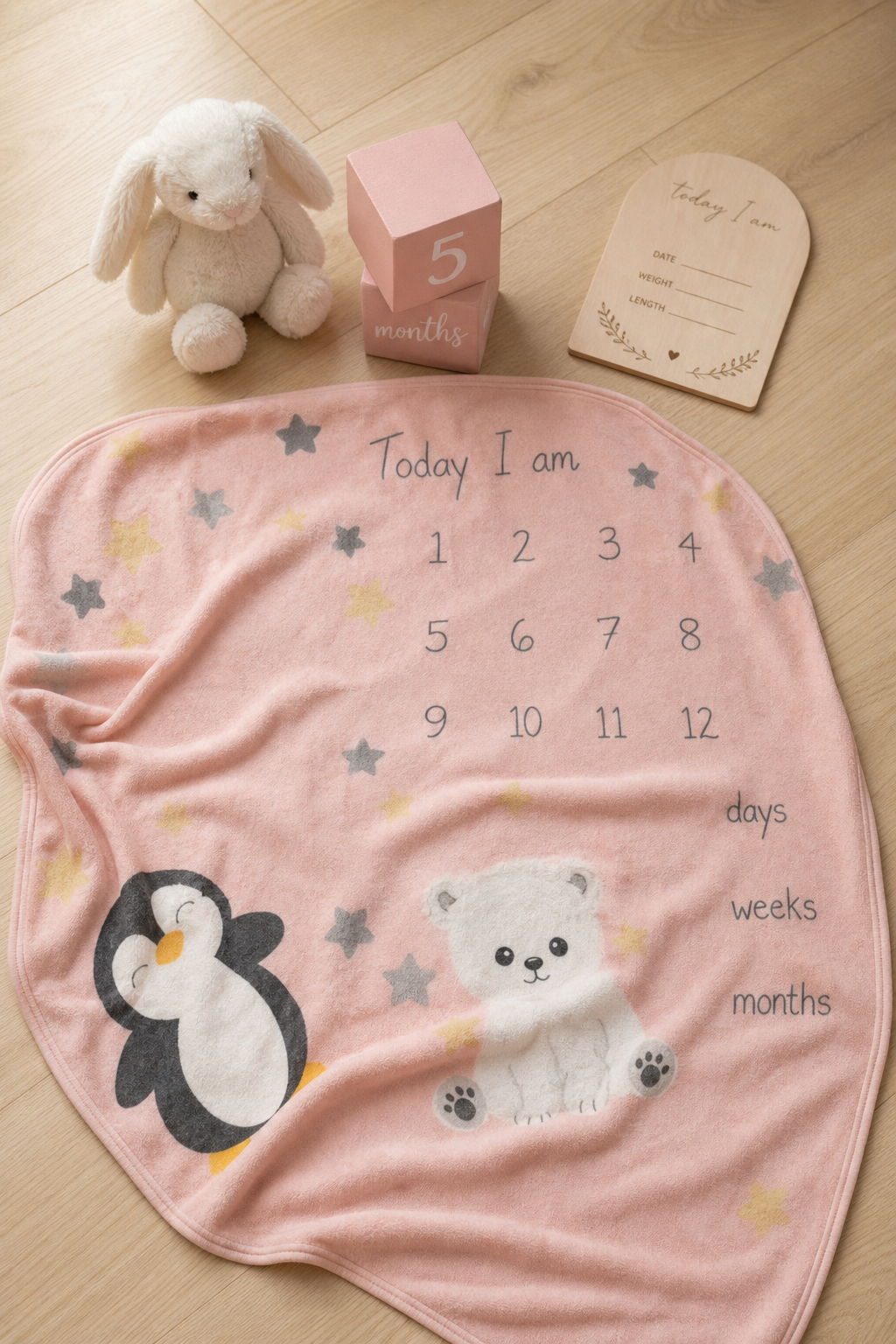 Pink baby milestone blanket with wooden milestone blocks and arch disc card — monthly photo prop setup for newborn milestone photography