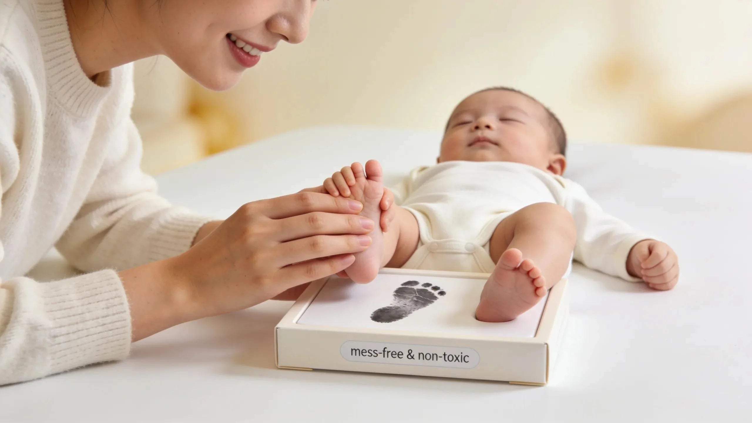 Mother creating baby hand and foot prints with an inkless footprint kit, highlighting mess-free, non-toxic methods