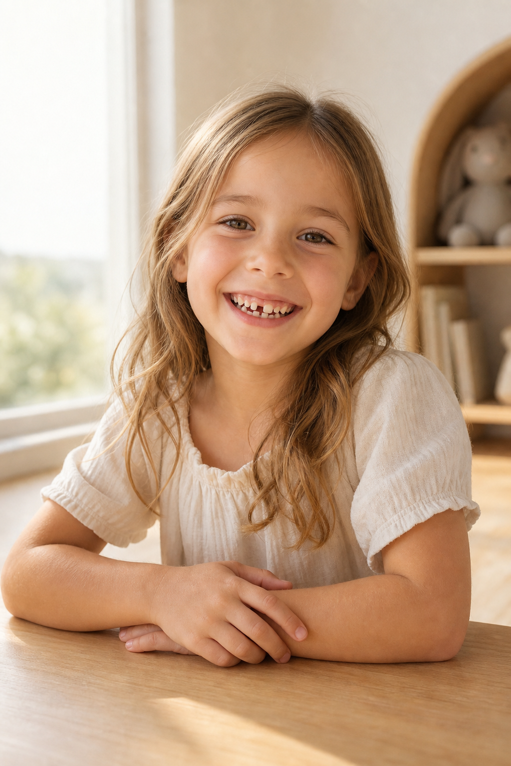 Child with gap-toothed smile at a wooden table — when do kids lose their first tooth milestone guide