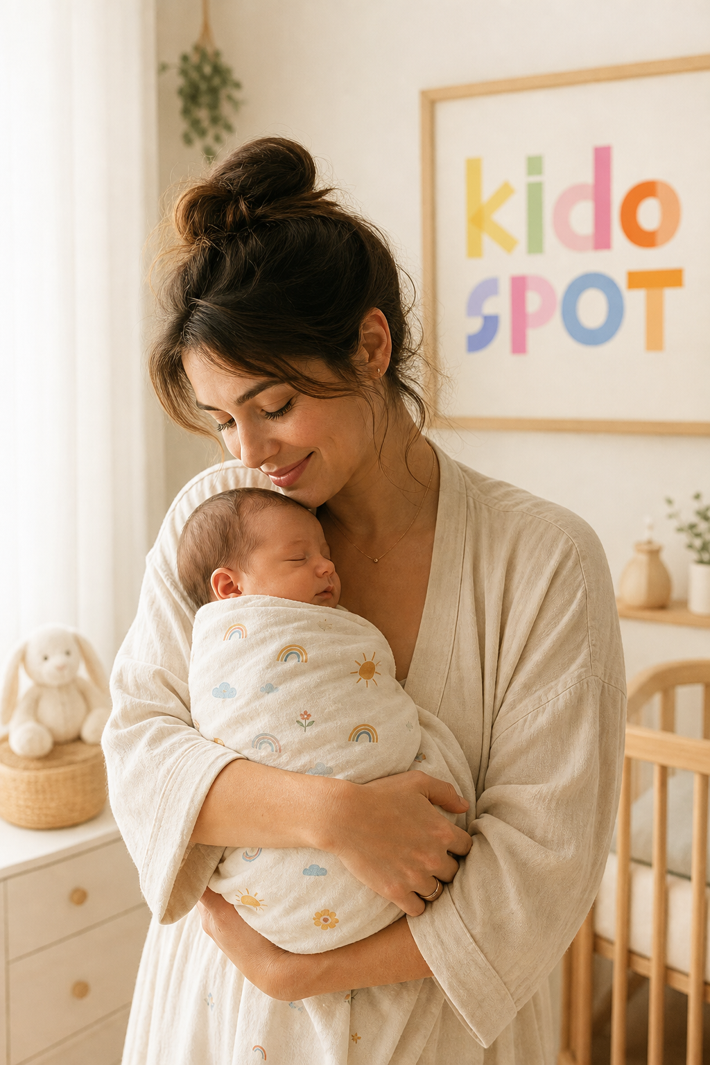 New mother holding newborn in a softly lit nursery - the fourth trimester
