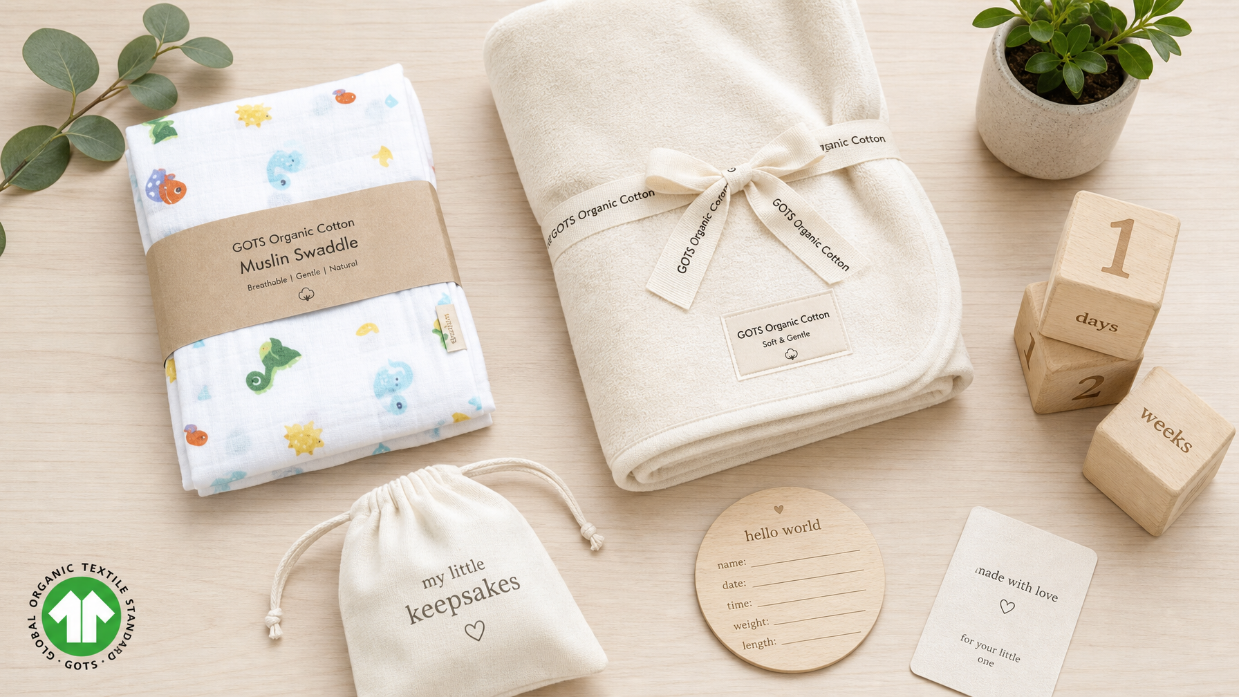Modern nursery flat lay with GOTS organic cotton swaddle, blanket and wooden milestone blocks — Singapore organic baby essentials