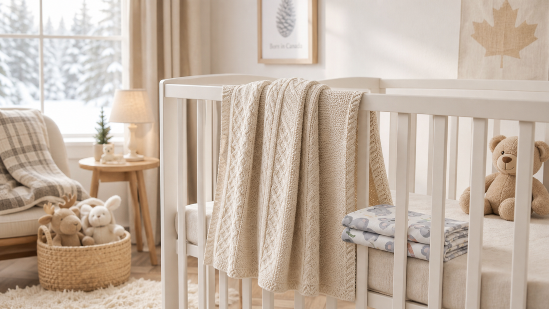 Cosy winter nursery with organic cotton knitted baby blanket draped over white cot — Canada organic baby essentials for cold climates