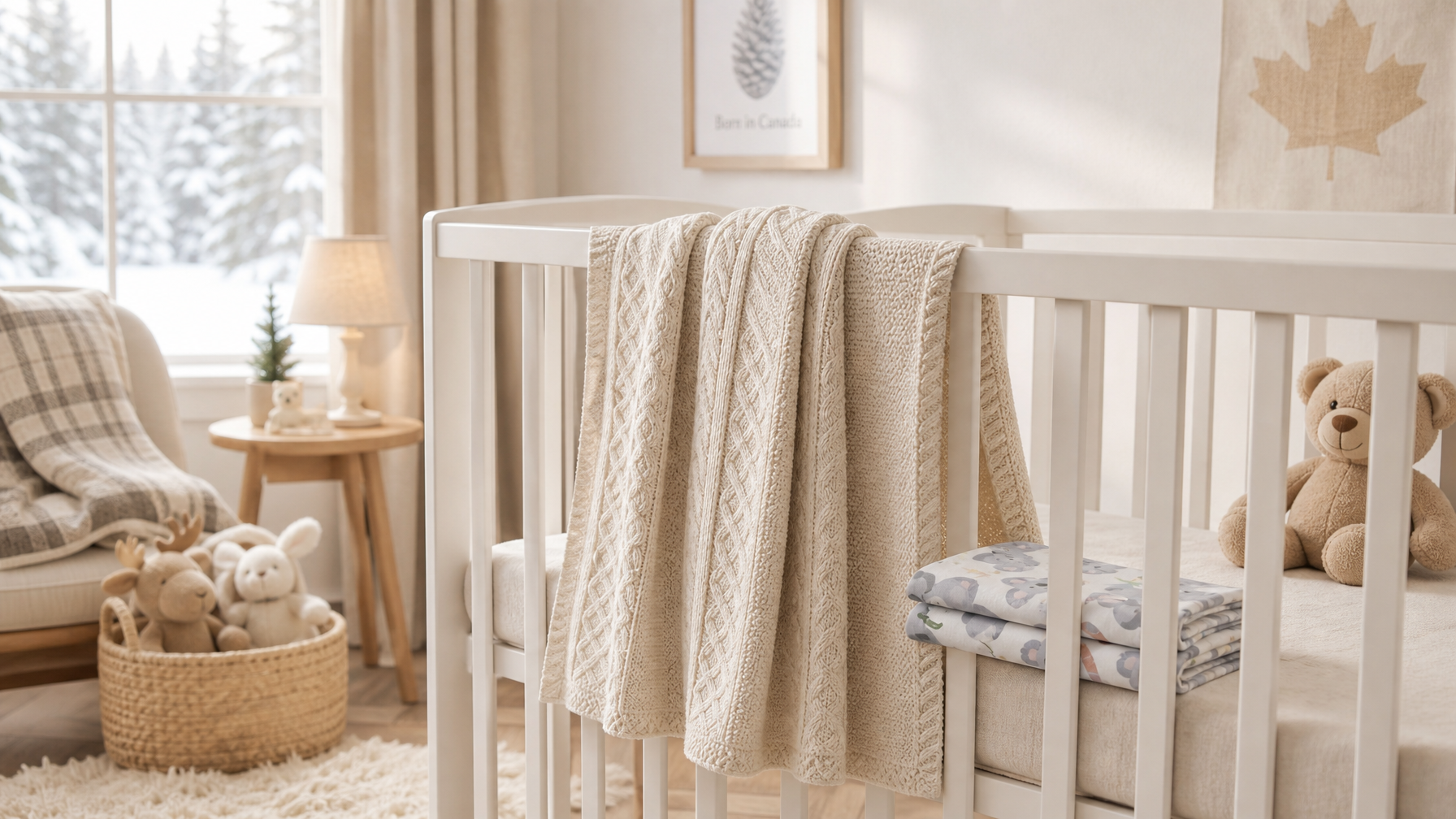 Cosy winter nursery with organic cotton knitted baby blanket draped over white cot — Canada organic baby essentials for cold climates