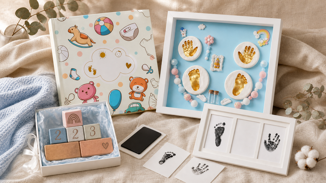 Father's Day baby keepsake gift flat lay with milestone blocks, handprint frame, and memory book