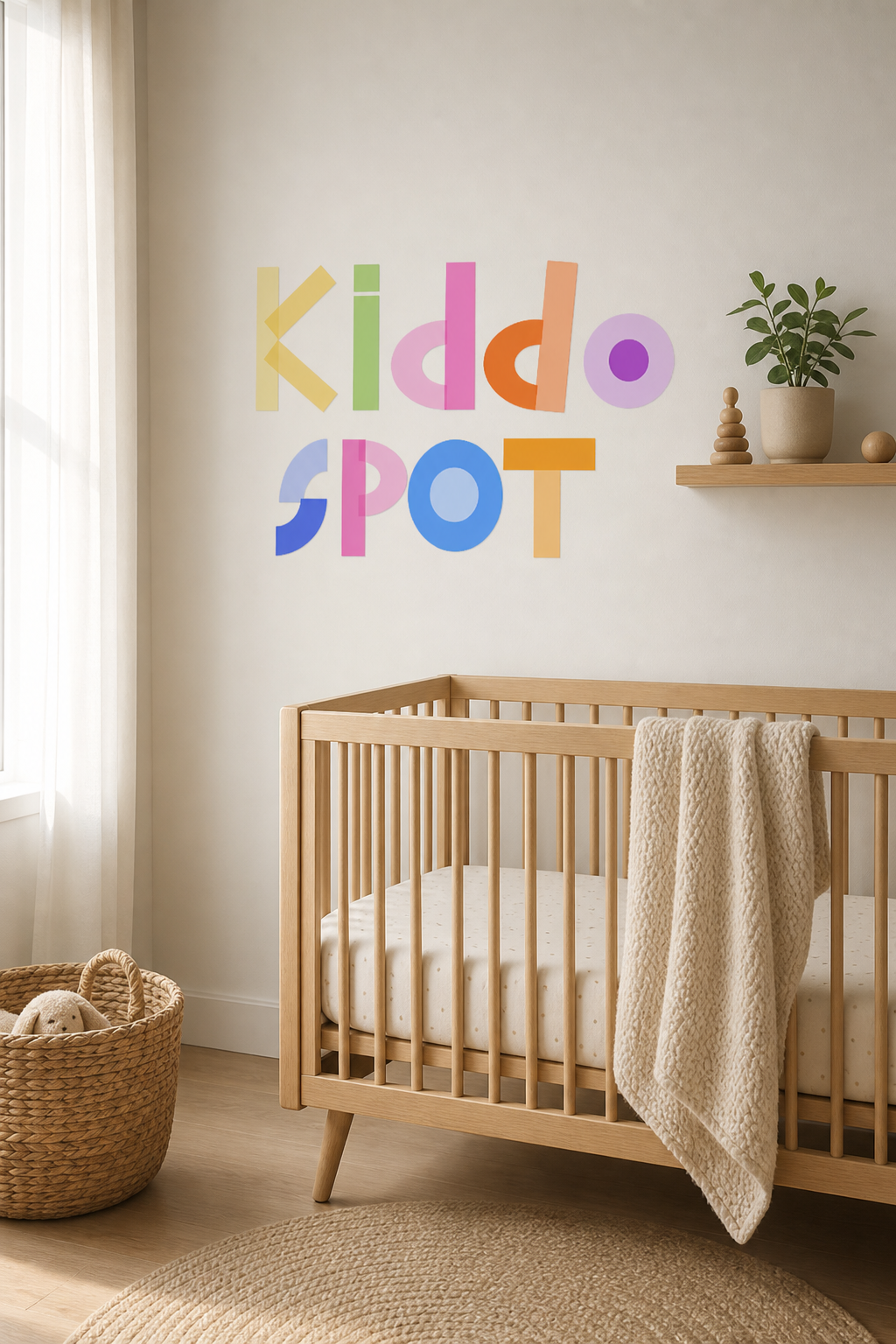 Serene minimalist nursery with white walls, wooden cot, and soft organic cotton bedding